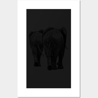 Elephant Pair Full Figure Rear View in Black and White Posters and Art